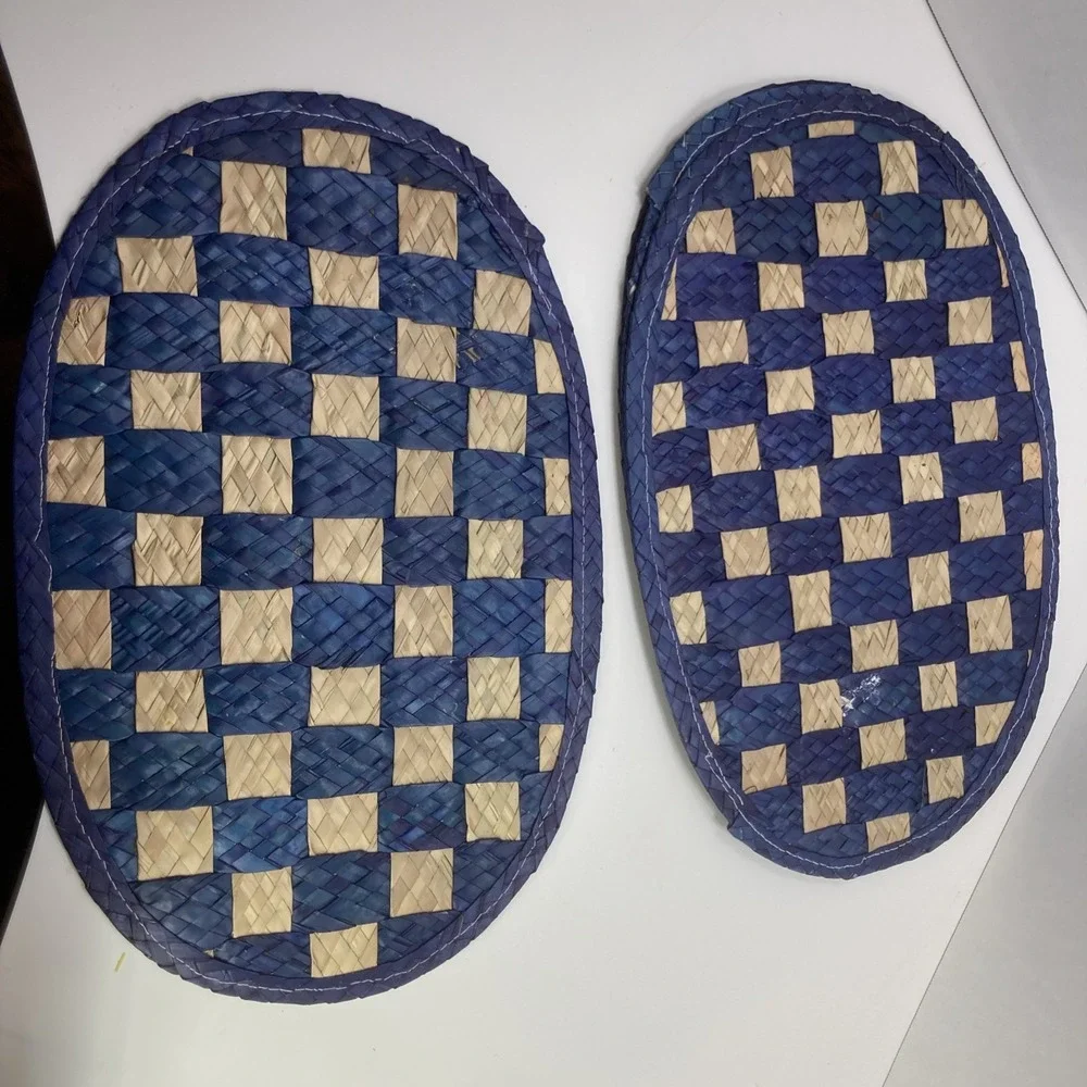 Vtg‎ Set of 5 Checkered Woven Rattan Placemats Navy and Brown